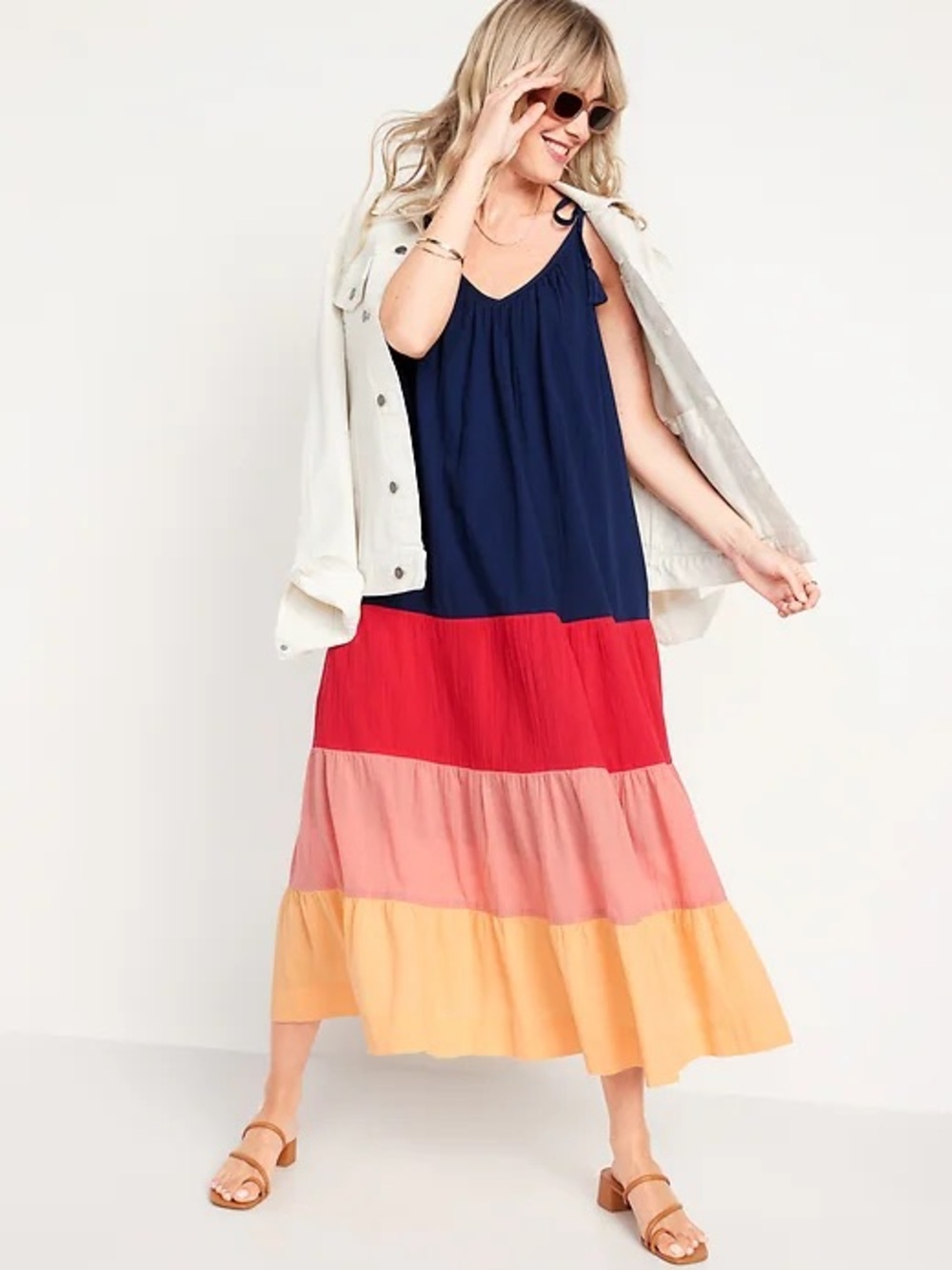 Colorblock Tiered Maxi Dress in Navy, Red, Peach & Mustard